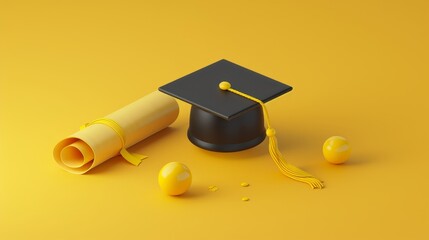 Poster - A student graduates with a black mortarboard with a yellow tassel and a rolled diploma, rendered in 3D. Conceptual illustration of academic education.