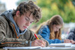 A teenage boy writing an exam at school, looking focused