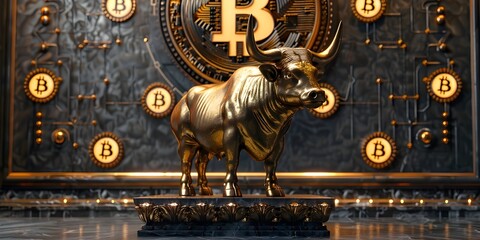 Poster - opulent crypto bull standing before glowing bitcoin wall