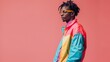 © Maria Zamchiy  - Young adult black man in bold hipster clothes posing front of the camera, African-American male model studio shot, background with copy space, diversity and different beauty concept AI generated imag