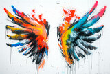 Fototapeta Motyle - Two painting wings covered in vibrant colorful splatters on a white wall. Grunge and graffiti style. Design element