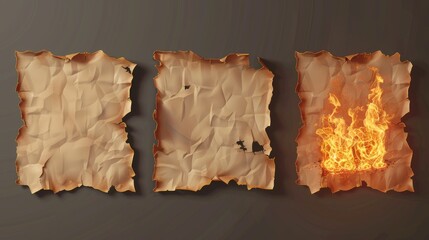 Poster - Realistic 3D modern set with burnt square paper sheets and burnt sticky notes on charred corners and ashes isolated on transparent background.
