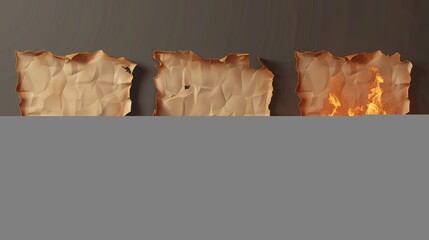 Poster - Realistic 3D modern set with burnt square paper sheets and burnt sticky notes on charred corners and ashes isolated on transparent background.