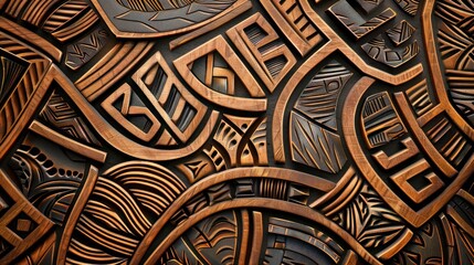 Sticker - Abstract carving wooden background with organic whimsical shapes, African folk geometric motifs, natural eco colors and textures, lines, waves, holes on the wood surface, AI generated