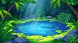 Imaginary tropical jungle forest swamp or lake in a cartoon natural landscape with pond, palm trees, rocks and sunlight falling from the sky. Wild deep rainforest, modern illustration.