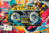 Fototapeta Natura - Boombox tape recorder with colorful funky arrows and notes , positioned in front of vibrant graffiti
