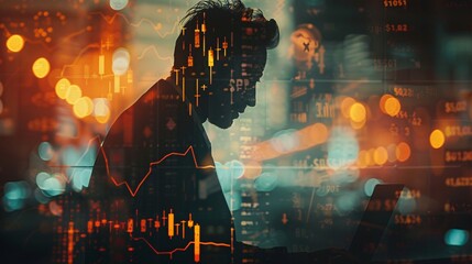 Wall Mural - A businessman engrossed in his laptop, overlaid with forex diagrams and arrows. A dynamic double exposure portraying financial analysis and decision-making