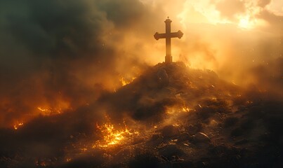 A holy cross standing on a hill, bathed in a celestial light that pierces a cloudy sky