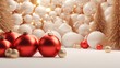 Christmas balls on red background. New Year wallpaper with Christmas baubles, gifts decoration concept