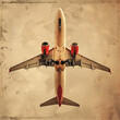 Overhead view of a commercial airplane on grunge background