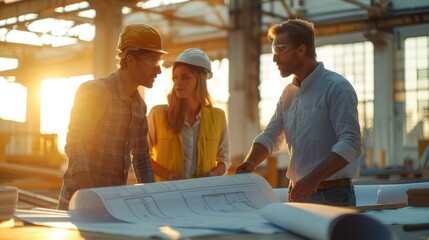 Wall Mural - Team of engineers and architects discussing plans with project blueprints spread out on a table at construction site. Generative AI.