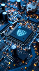 Aufkleber - Security Technology Concept with shield symbol on a Microchip. Data flows from the CPU across a Futuristic Motherboard