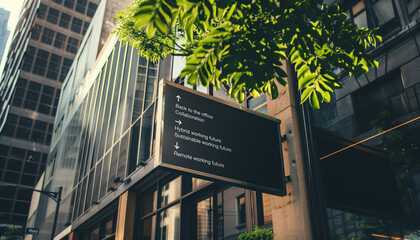 Working future choices on a black city-center sign in front of a modern office building	