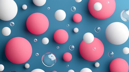 Poster - A white background with 3d geometric shapes on a blue backdrop, pearls, pearls, cylinders or circles, pink and white with silver rings, Realistic modern banner for presentations or ads promotion