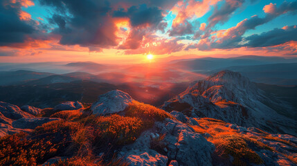 Wall Mural - A beautiful sunset over a mountain range with a city in the distance