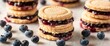 Cookie sandwiches filled with blueberry and raspberry jam , professional photography and light