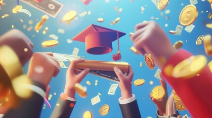Wall Mural - College tuition payment with gold coins for diploma scroll. Scholarship, education loan concept with people holding money and graduation cap and certificate.
