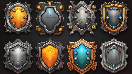 Poster - Cartoon illustration of bronze, silver, golden level evolution plaques with simple to sophisticated cast iron decorations. Game user interface design elements.