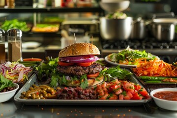 Wall Mural - A high-angle view of a gourmet burger placed on top of a tray filled with various fresh toppings and condiments