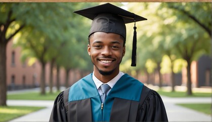 Wall Mural - black african graduate student guy portrait wearing graduation hat and gown from Generative AI