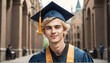 blonde graduate student guy portrait wearing graduation hat and gown from Generative AI
