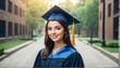 brunette graduate student girl portrait wearing graduation hat and gown from Generative AI