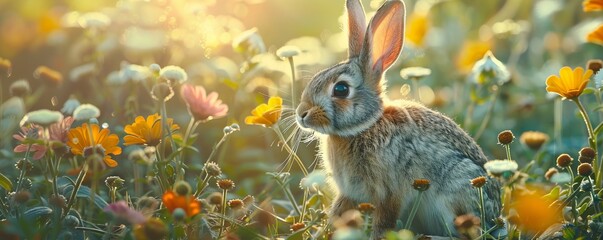 Wall Mural - Rabbit in Field. Fresh, Springtime Image.