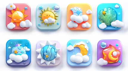 Poster - Symbols for rainy and snowy weather, hot and cold air temperatures, calendar, and meteorology icons. It is a 3D illustration of a weather forecast with a sun, moon, clouds, rain drops, snow, and