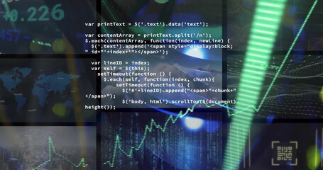 Poster - Image of arrows and financial data processing over screens