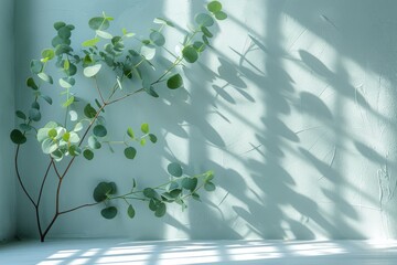 Poster - A fresh green plant with round leaves casts whimsical shadows on a cool-toned textured wall, evoking calmness