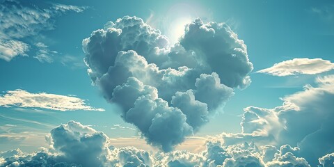 Wall Mural - Beautiful, White Puffy Clouds in the Sky in the Shape of a Love Heart. Modern Valentineâ€™s Day Background.