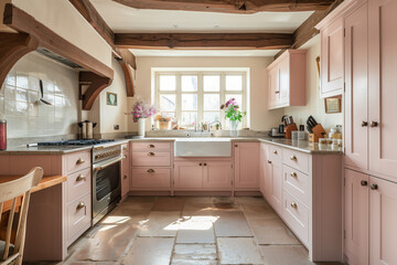 Poster - a pink kitchen with granite counter tops and white cabinets,