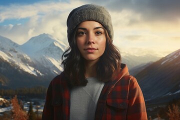 Wall Mural - Portrait of a glad woman in her 30s sporting a trendy beanie isolated in backdrop of mountain peaks