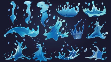 Poster - Waves and swirls of turquoise liquid water splashes, falling blue drops, sea or ocean waves, isolated modern cartoon set with flows, streams and spills of blue water.