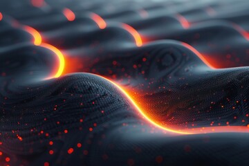 Poster - A close-up of an abstract digital fabric texture with luminous red seams and dark background