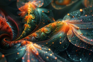 Poster - An intricate fractal rendering with stunning green and orange hues, featuring detailed patterns and a vibrant aesthetic