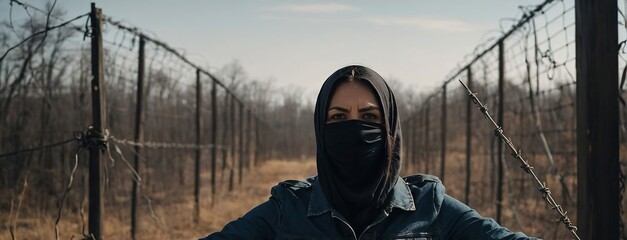 Standing against oppression concept with masked woman grabbing barbwire, opposition and standing up against tyranny