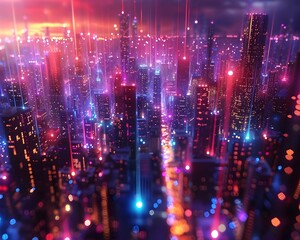 Poster - Fiber Optic Cityscape Vibrant Neon Lights Symbolizing Urban Broadband Connectivity and Digital Transformation