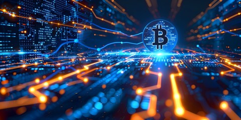 Poster - futuristic bitcoin blockchain network diagram with streaks of lightning