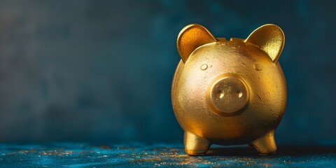 Poster - A Vibrant Golden Piggy Bank Against a Striking Blue Background Symbolizing the Importance of Smart Investments and Wealth Accumulation