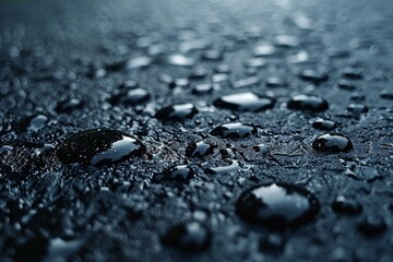 Poster - this detailed image captures the serene beauty of water droplets resting on a dark, textured surface