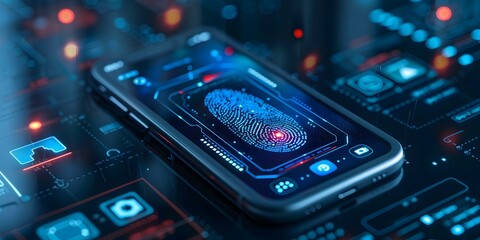 Poster - futuristic digital lock interface on smartphone showcasing biometric authentication technologies