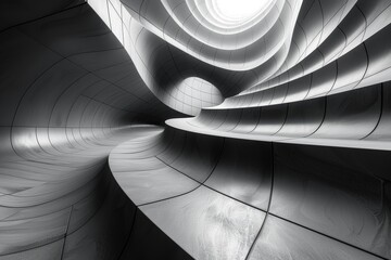Poster - A visually striking image of a curved, abstract tunnel in monochrome with patterns of light and shadow