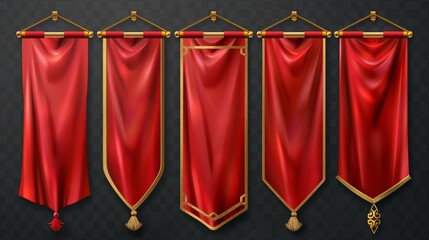Wall Mural - Vintage red and gold flags with gold borders, hanging royal banners, vintage vertical fabric flags isolated on transparent background. Modern realistic set.