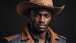 handsome african male fashion model on cowboy outfit close-up portrait posing on plain black background from Generative AI