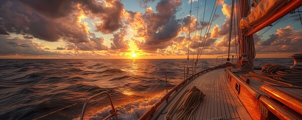 Poster - scenic view of sailboat with wooden deck and mast with rope floating on rippling dark sea against cloudy sunset sky