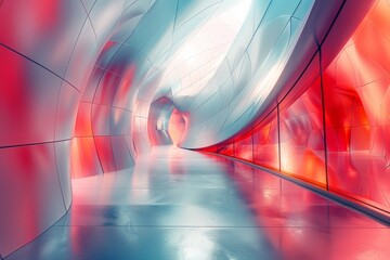 Poster - An intriguing walkway with reflective surfaces combining red and white, creating a striking visual corridor
