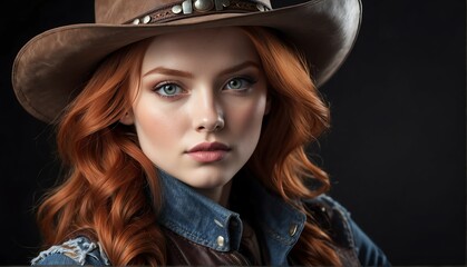 Wall Mural - beautiful redhead female fashion model on cowboy outfit close-up portrait posing on plain black background from Generative AI