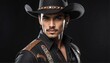 handsome hispanic male fashion model on cowboy outfit close-up portrait posing on plain black background from Generative AI