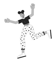 Poster - Emotional african american woman falling down black and white 2D line cartoon character. Black lady in trouble isolated vector outline person. Dangerous accident monochromatic flat spot illustration